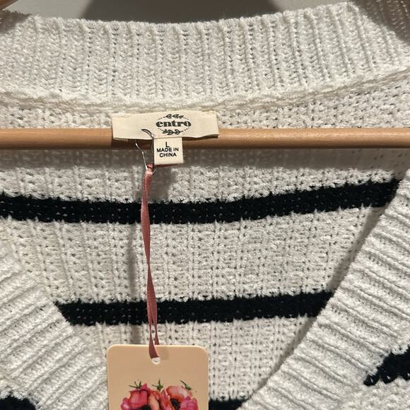 Entro Large Stripe Knit Cap Short Sleeve Sweater Top - Picture 6 of 10